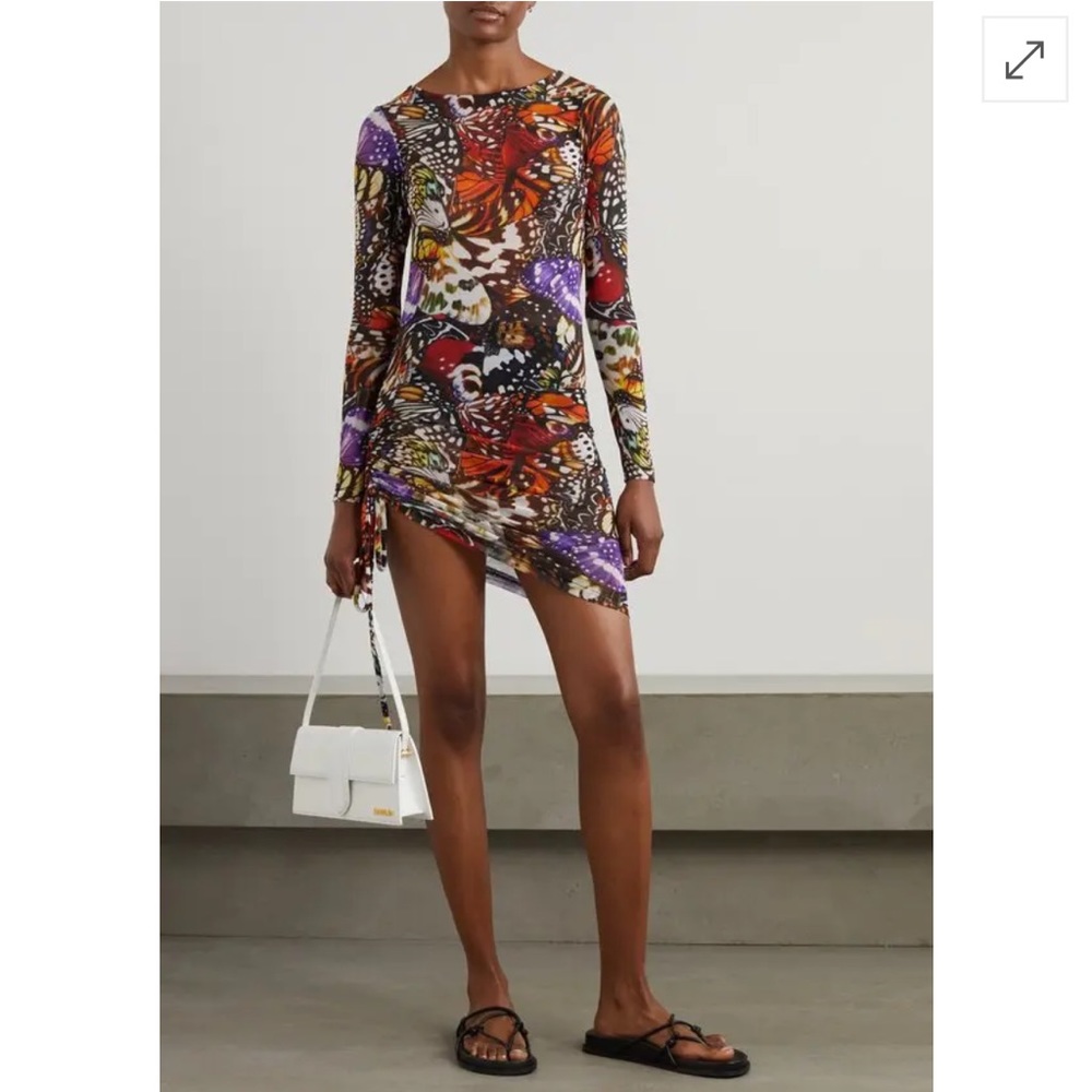 Leslie Amon Ruched Printed Stretch-Mesh Mini Dress - Black, size Small